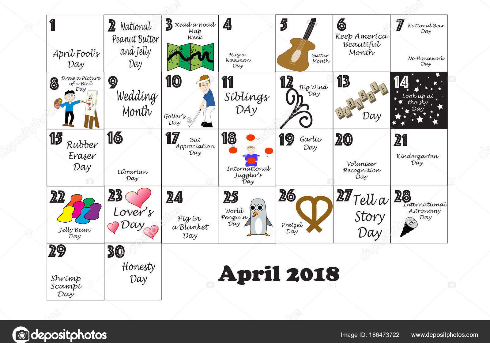 April 2018 monthly calendar illustrated and annotated with daily Quirky Holidays and Unusual Celebrations with Sunday start week.